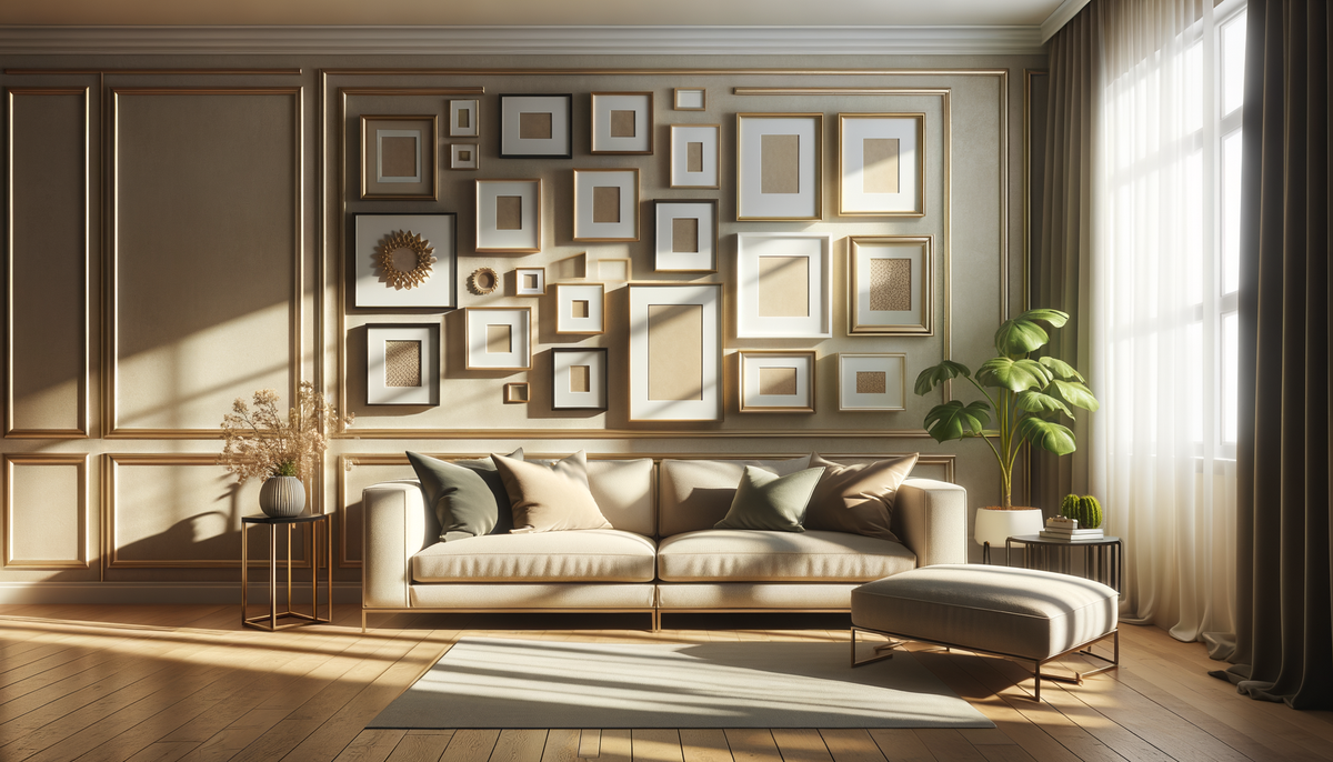 bright living room wall decorated with stylish assorted photo frames in warm natural light