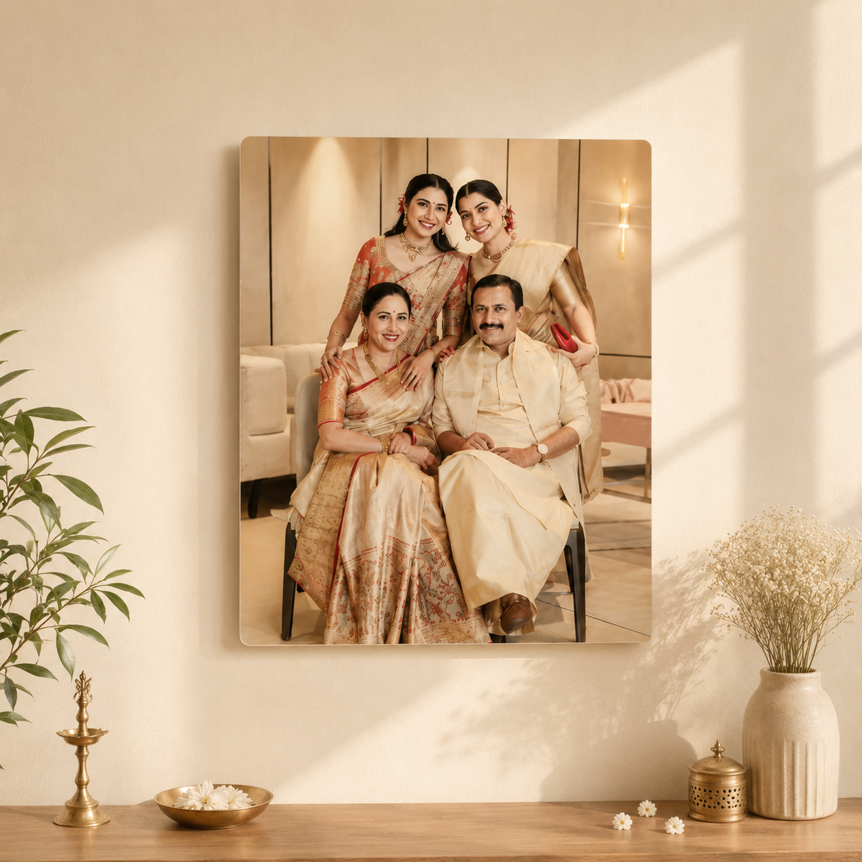 Person holding a large photo frame with a couple in traditional attire outdoors