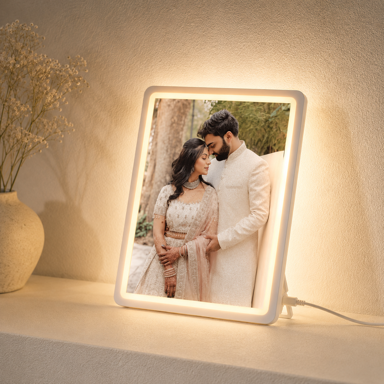 Elegant photo frame displaying romantic couple portrait on a wooden table, perfect for home decor