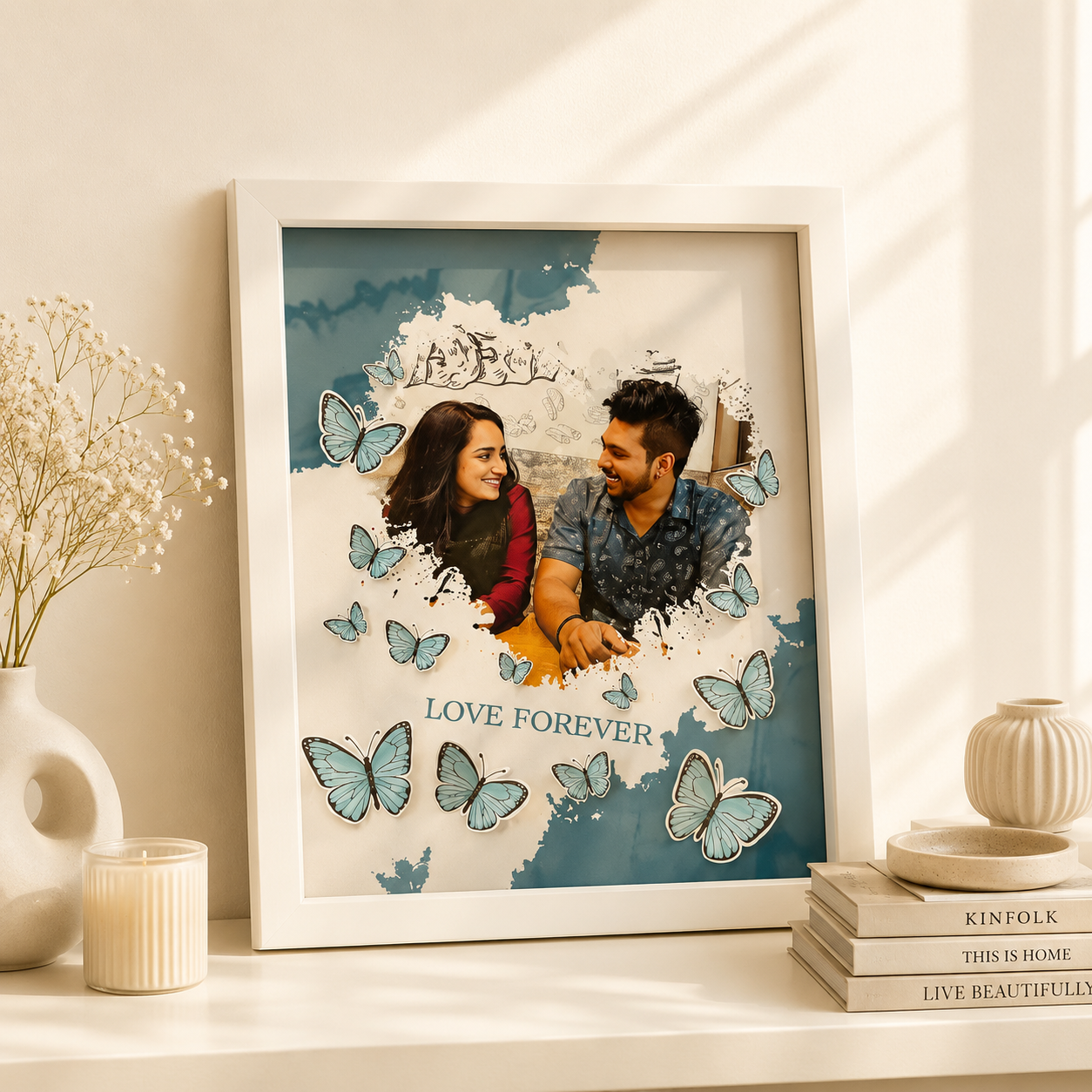 Personalized photo frame with couple portrait, blue butterflies, and 'Love Forever' text