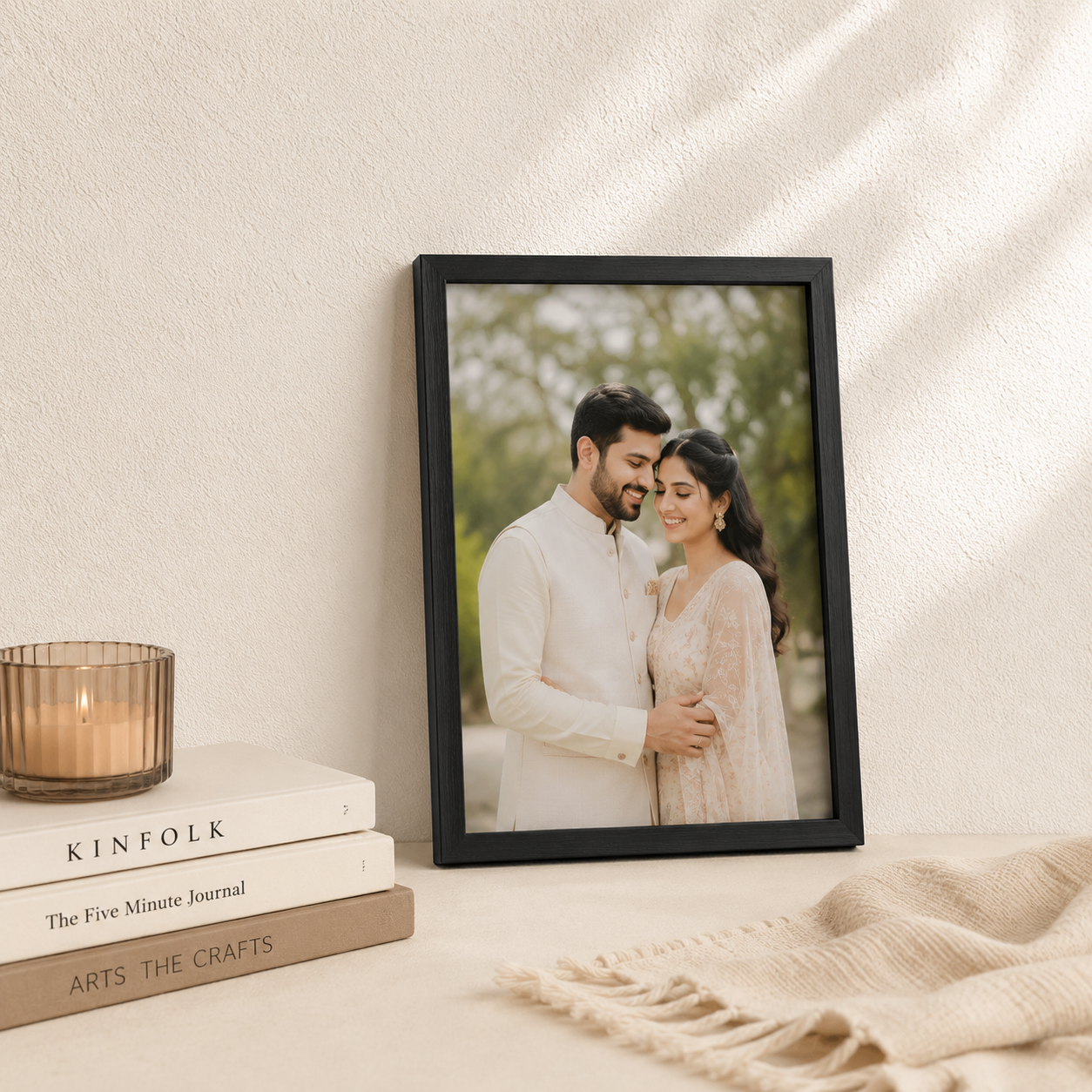 Collage of custom photo frames with family, couple, and birthday portraits outdoors