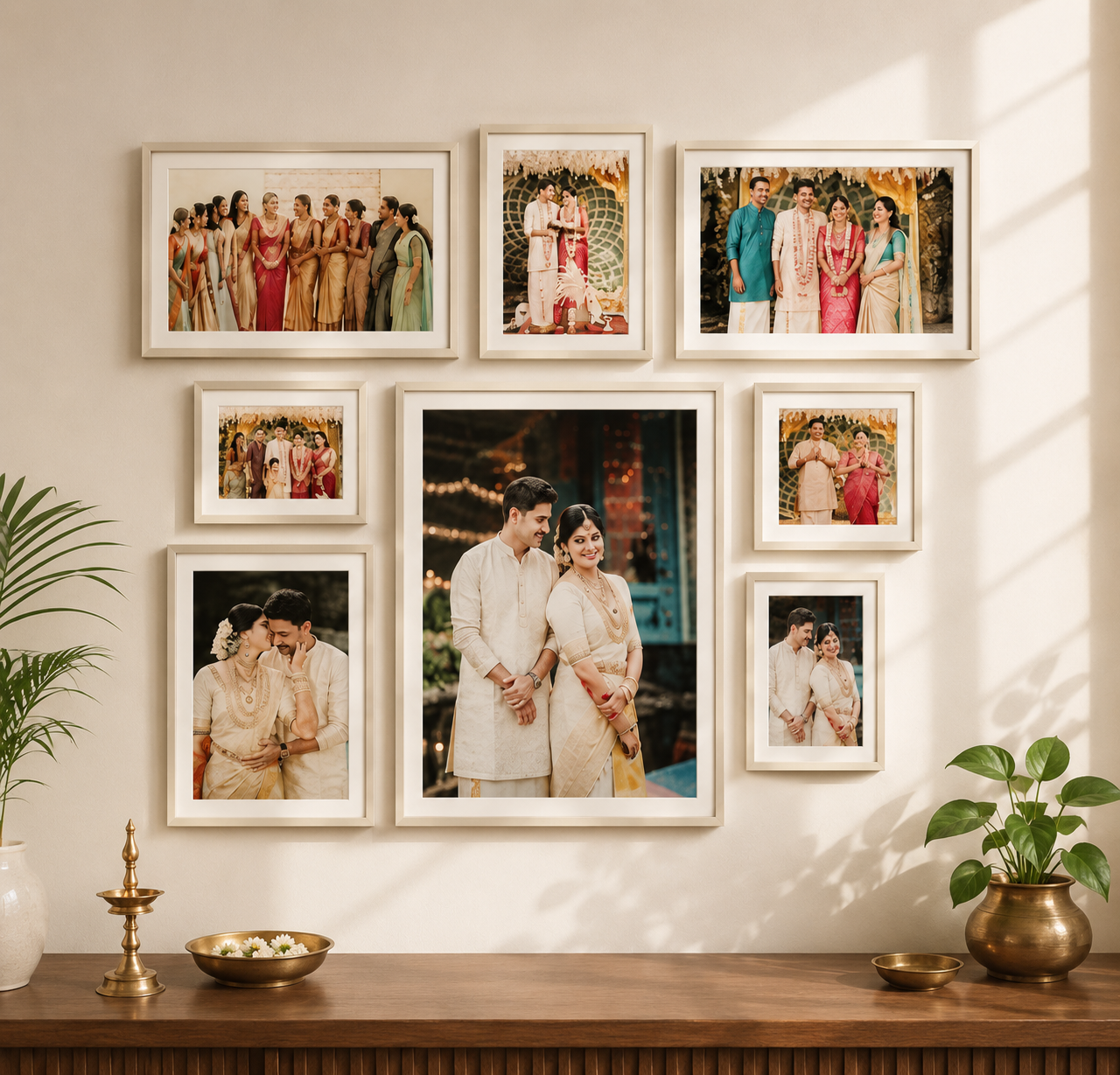 Gallery wall of black photo frames with couple and wedding pictures above a modern bed