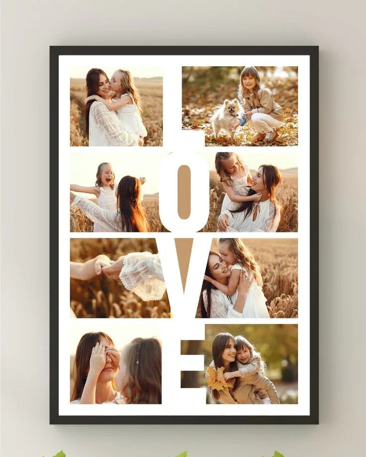 Collage photo frame featuring mother and daughter moments in nature with LOVE text cutout