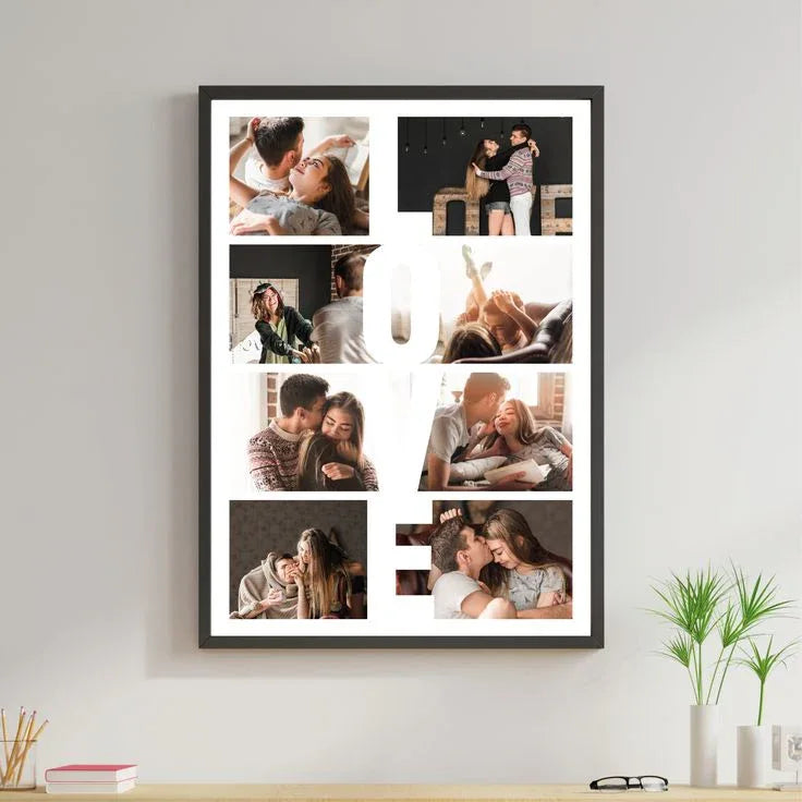 Modern collage photo frame with romantic couple pictures mounted on a white wall