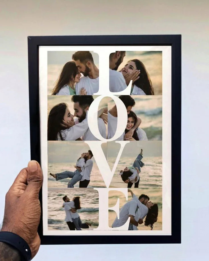 Romantic couple photo frame design with LOVE cut-out, beach background, black border